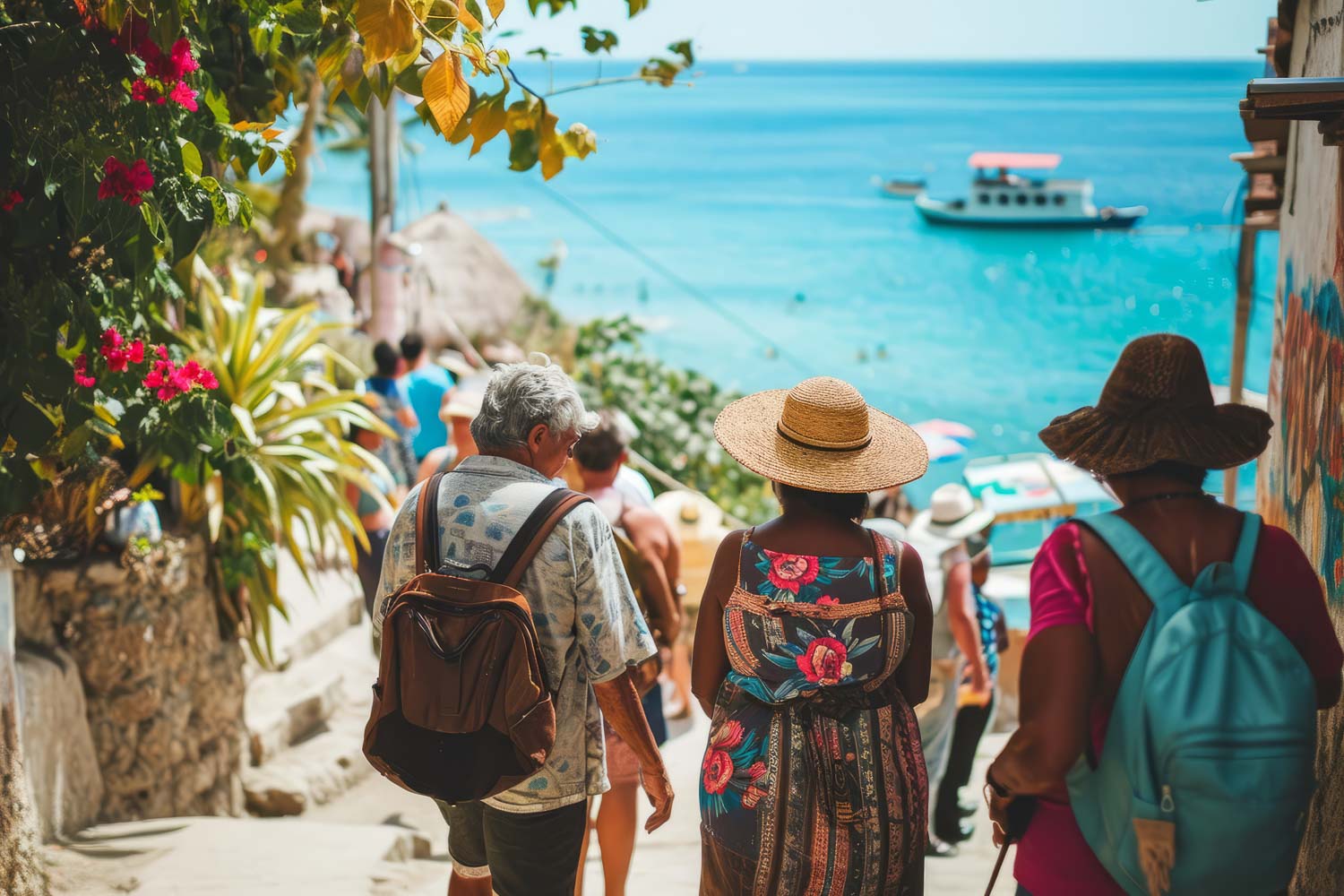 tourists are walking city beauty sunny day travel concept