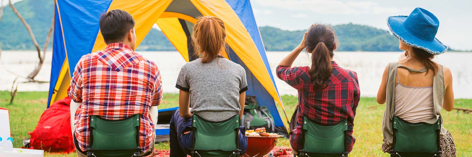 group man woman enjoy camping picnic barbecue lake with tents background young mixed race asian woman man panoramic banner