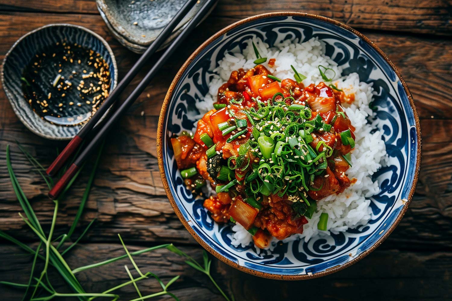 high angle asian food bowl with rice copy