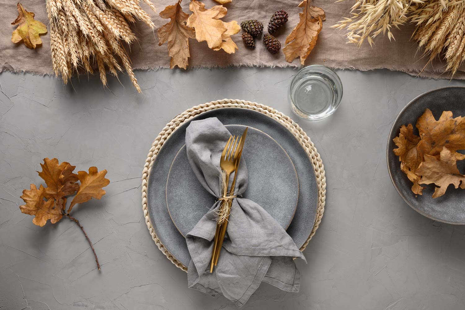 autumn table setting with seasonal harvest gold decor grey