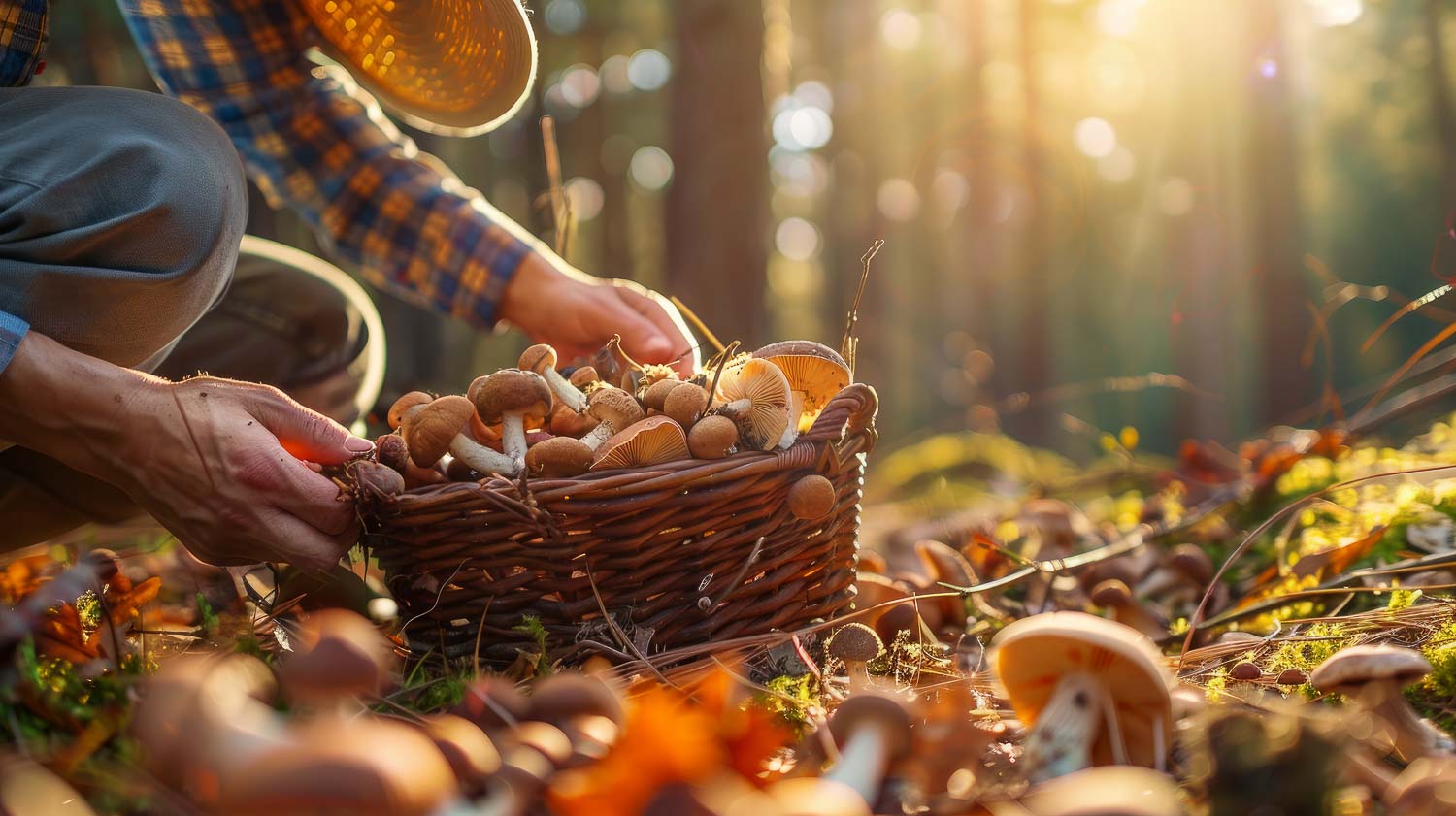 person harvesting mushrooms basket forest concept mushroom foraging nature outdoor activities forest adventure copy space