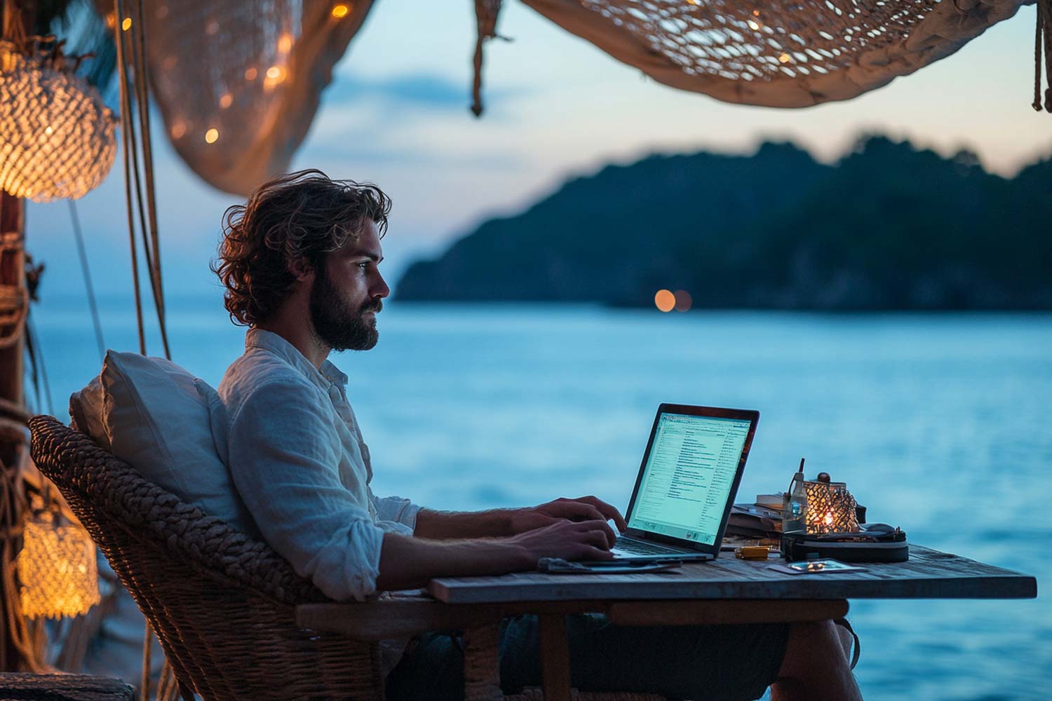 amidst ropes sails digital nomad works diligently their latest project taking