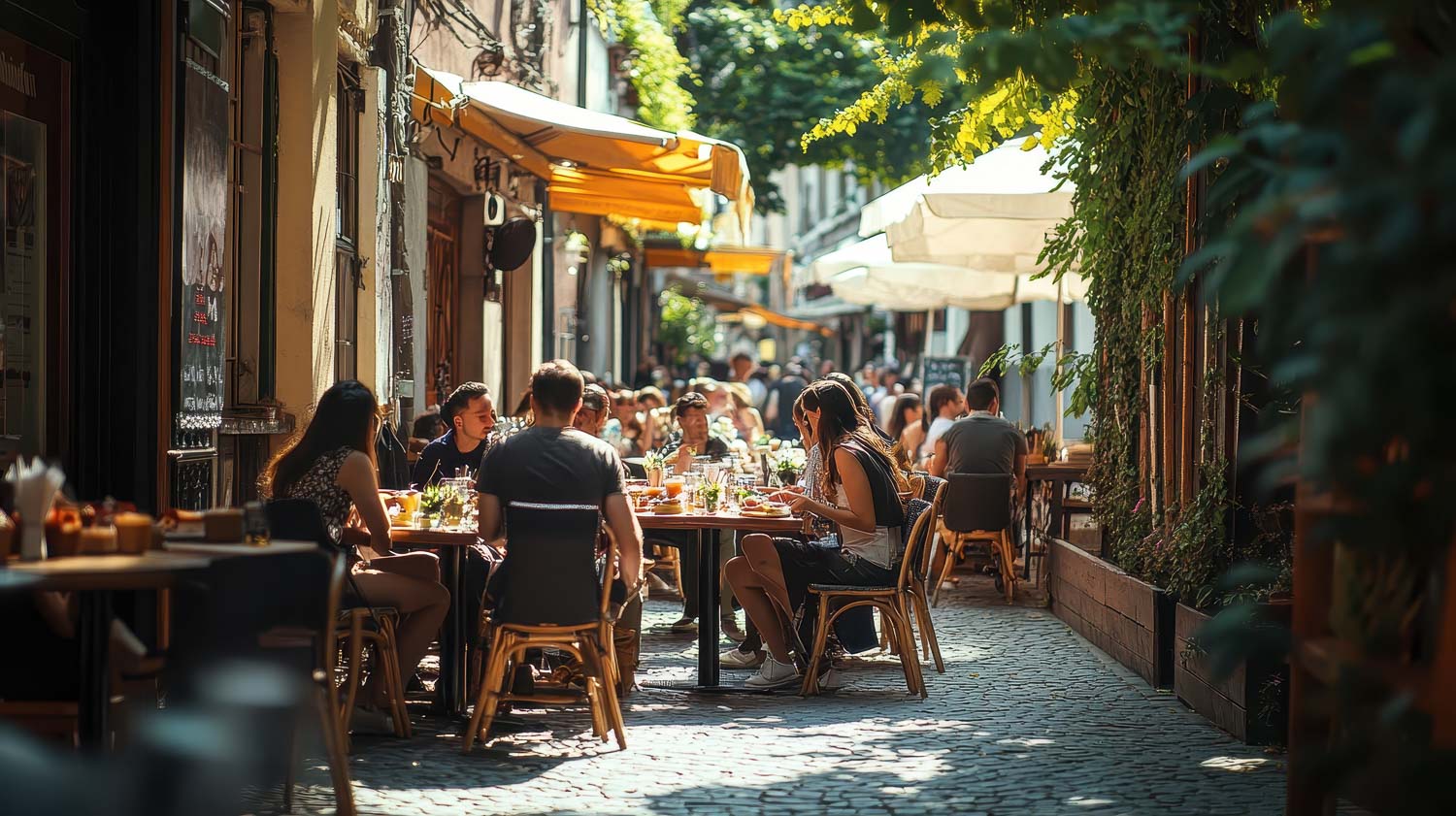 diners enjoying brunch charming sidewalk cafe