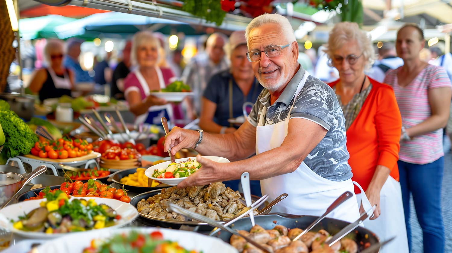 senior travelers enjoying local cuisine european market delightful culinary cultural